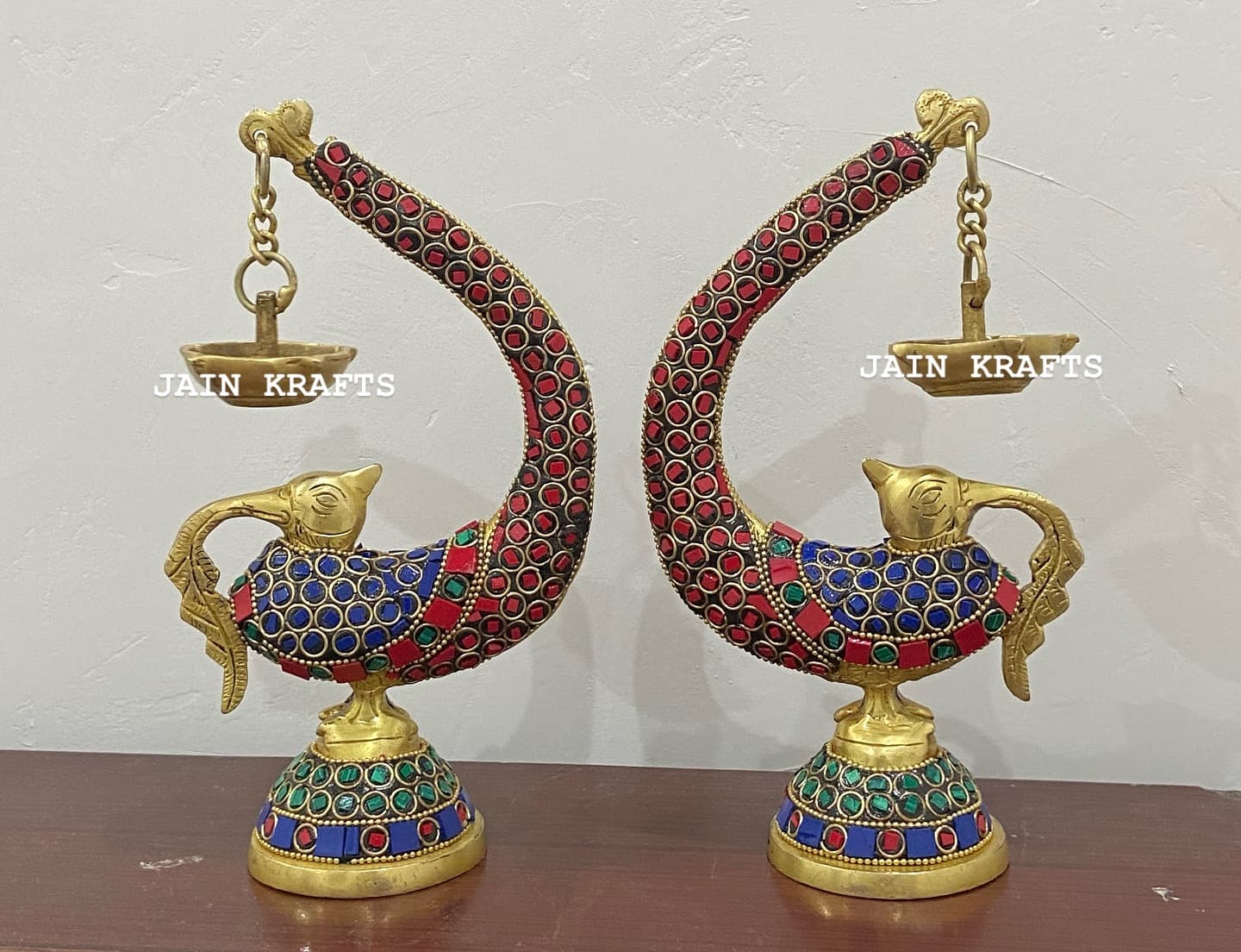 Pair of Brass Peacock Bird Diya with Stone Work – Set of 2
