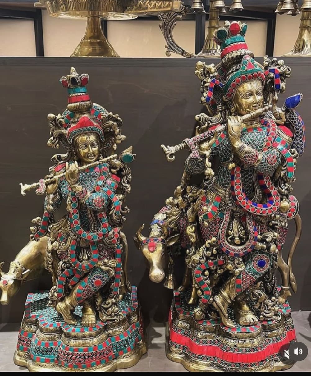 Large Brass Krishna Idol with Stone Mosaic