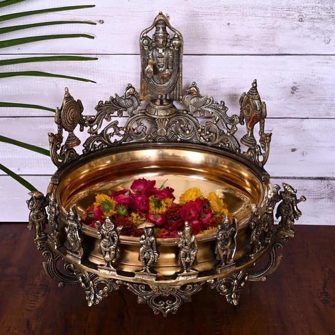 Brass Tirupati Balaji with Temple Arch urli – Two-Tone Finish